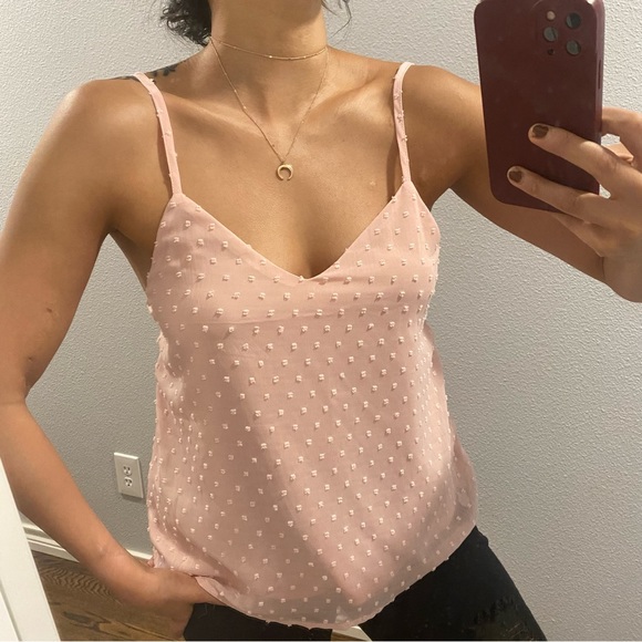 Small /4 Swiss Dot Cami Top baby Pink V neck tank top spaghetti strap - Picture 2 of 4